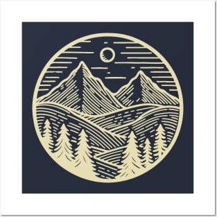 Sun over mountains line art Posters and Art